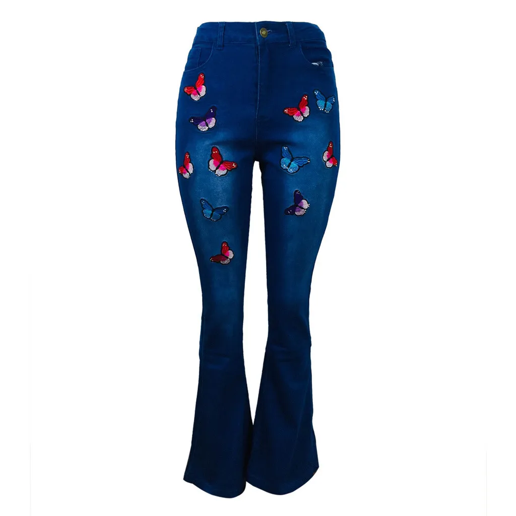 Уличная одежда, большие размеры, джинсы для женщин, джинсы с вышивкой бабочки, эластичные джинсовые повседневные расклешенные брюки, обтягивающие брюки