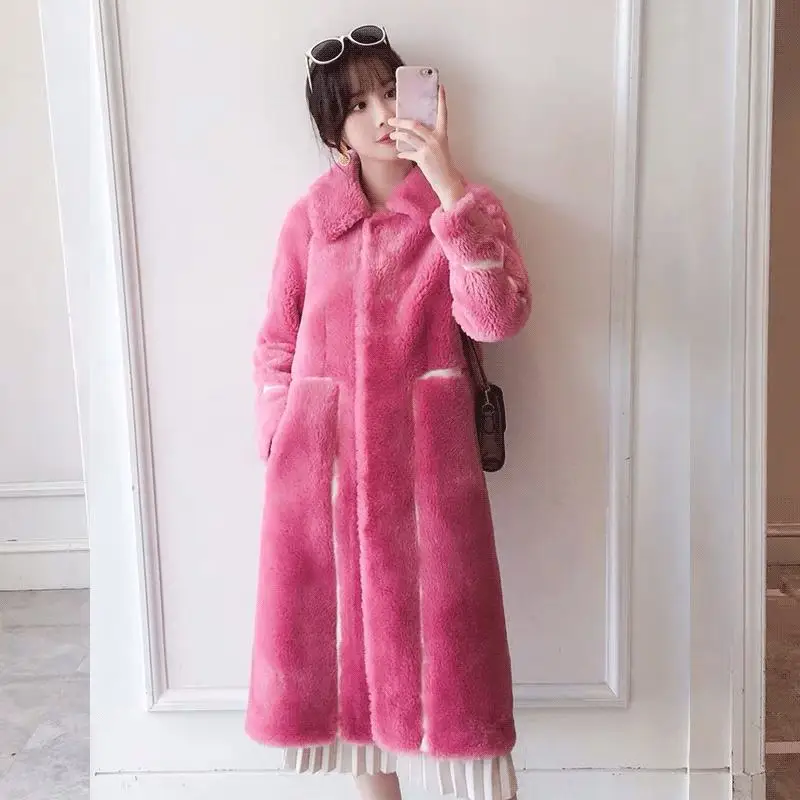 Новинка года; осенне-зимнее пальто с натуральным мехом из натуральной зернистой овечьей шерсти; пальто для женщин; шерстяная куртка; Manteau Femme N123 - Цвет: pink