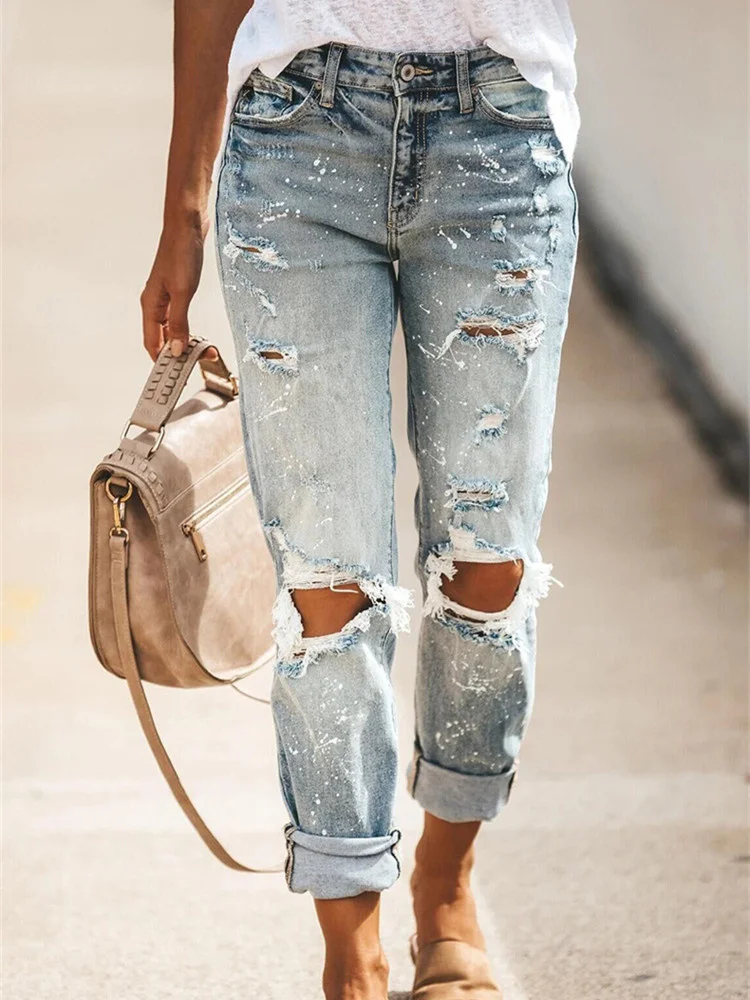 2021 Vintage Sexy High Waist Jeans Women Ripped Boyfriend Jean Trousers Ladies New Street Style Distressed Straight Denim Pants 2021 new womens high waist ripped jeans ladies hip hop casual loose wide leg denim pants vintage female torn trousers streetwear