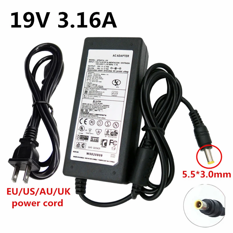 19 в 3.16A 5,5*3,0 мм AC адаптер питания зарядное устройство для samsung R429 RV411 R428 RV415 RV420 RV515 R540 EU US UK AU вилка