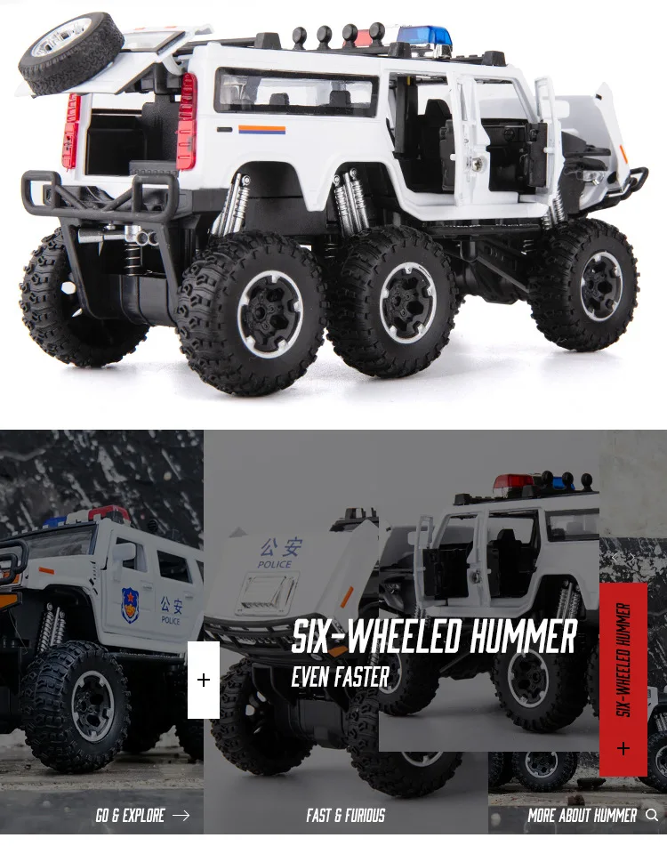 1:32 Высокая Имитация Большой шестиколесный Hummer звук и светильник Полицейская машина сплав внедорожная модель дорожного транспортного средства для детей Подарки