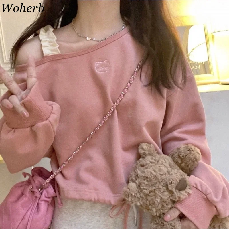 Милые розовые укороченные толстовки Woherb Y2k женская одежда с вышивкой кошки
