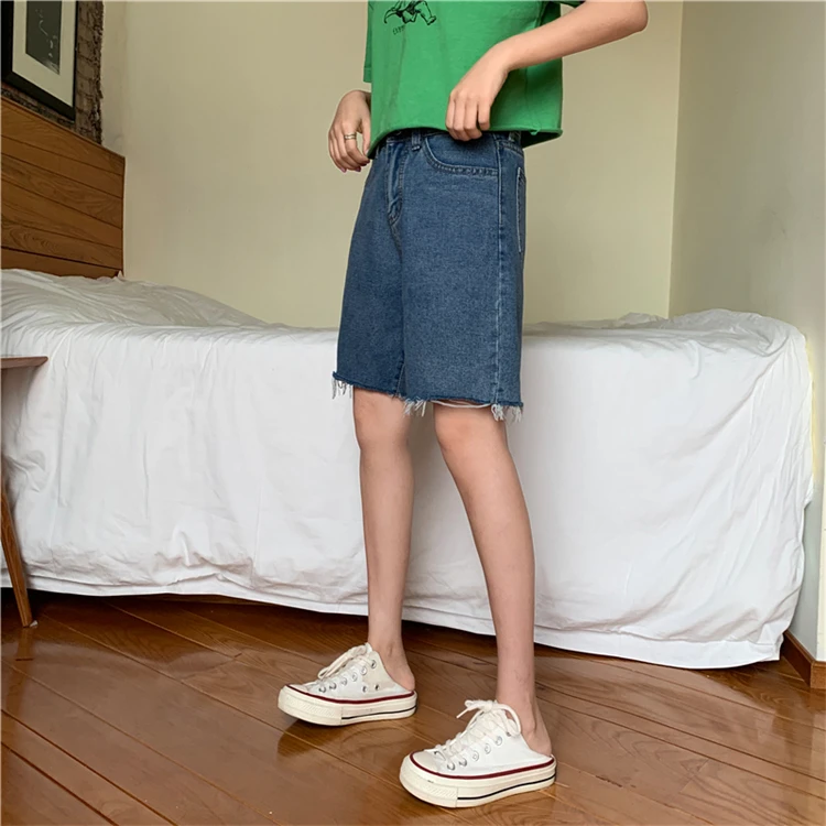 Pengpious summer new loose denim shorts frayed hem high waist for school girls sweet short jeans