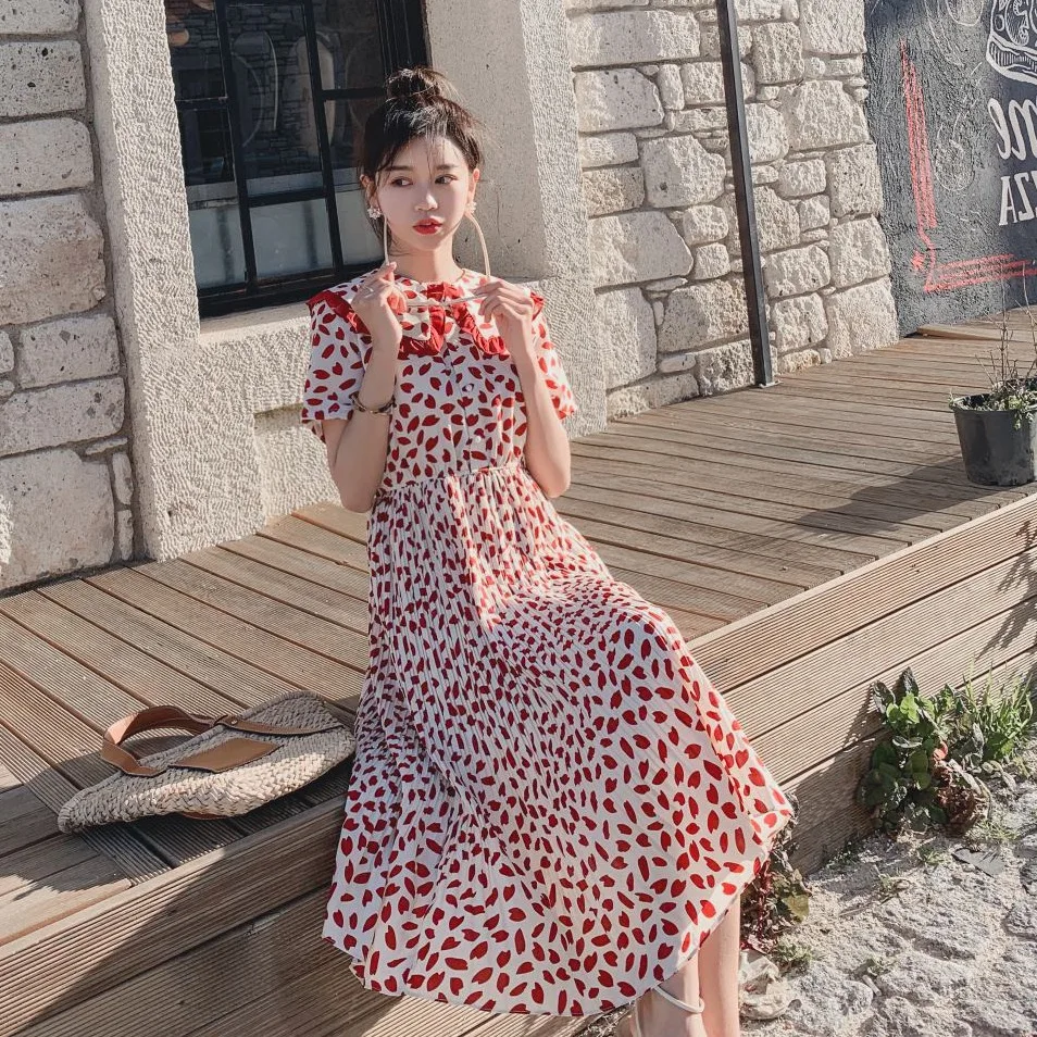 

Photo Shoot French GIRL'S Platycodon Grandiflorum First Love Skirt CHIC Sweet Floral-Print Chiffon Peter Pan Collar Creased Wais
