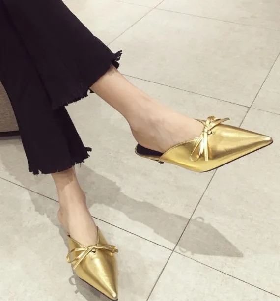 

Mules For Women 2020 Thin Heels Butterfly-knot Low Female Shoes Pointed Toe Ladies' Slippers Gold Sandals New Flat Rubber