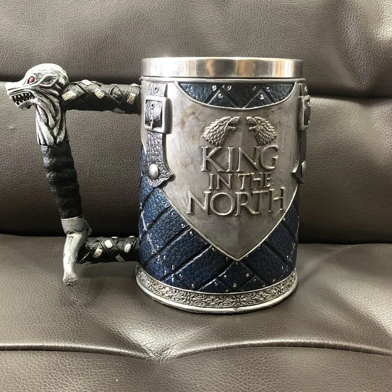 Wolf head handle mug Креативная кружка "Песнь Льда и Огня" из смолы, Череп, нержавеющая сталь, стакан для виски, вина, пивная кружка - Цвет: Wolf head handle mug