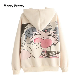 

MERRY PRETTY Women's Harajuku Print Hooded Sweatshirts Sweet Style Hoodies Winter Plus Velvet Drawstring Cute Pullover Tracksuit