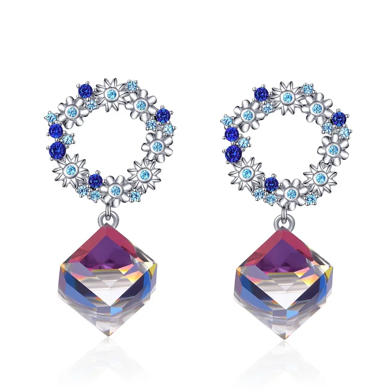bamoer Austrian Crystal Cube Wreath Dangle Earrings 925 Sterling Silver Flower Women Wedding Statement Jewelry Gifts BSE202 - Окраска металла: BSE202
