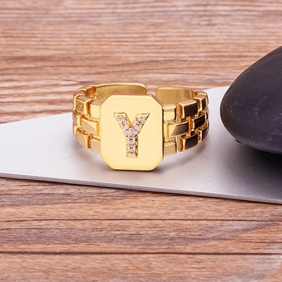 Arrival Fashion Gold Color Initial Ring Open Design Adjustable Hot Sale Watchband Chain A-Z Letters Zircon Rings For Women