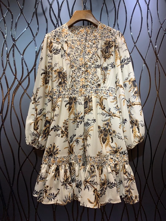 

2019 Early Autumn New Female Collar V-shaped Open-forked Decorative A-shaped Pendulum Printed Long Sleeve Dress 725