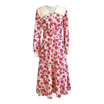 

Elegangt Pink Turn-down Collar Long Sleeve Printed Midi Dress Women 2020 Spring Runway Dress