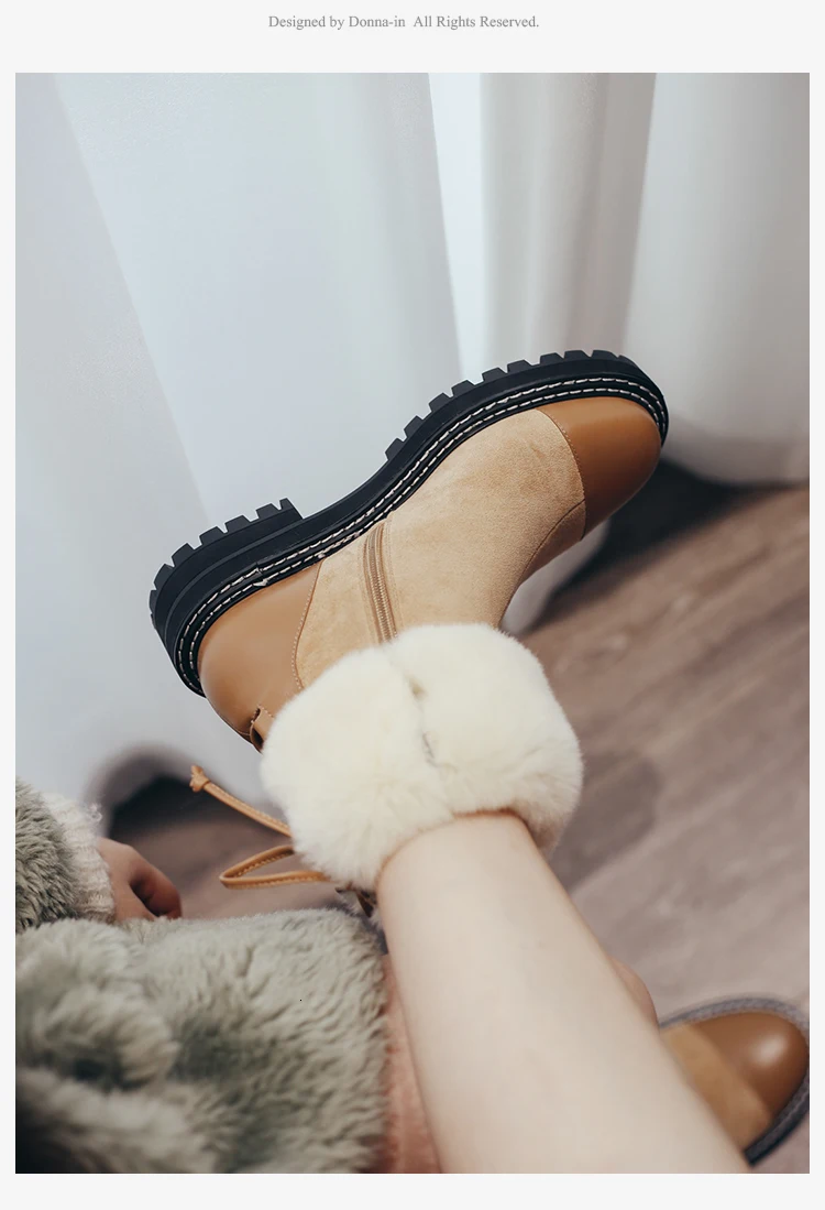 Donna-in/женские зимние ботинки из натуральной кожи; меховые зимние ботильоны на платформе с каблуком и толстым плюшем с круглым носком; женская обувь с перекрестной шнуровкой на молнии