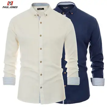 

PAUL JONES Men's Regular Fit Long Sleeve Casual Shirts Soft 25% Linen Shirt Button Down Collar Contrast Striped Decorated Shirt