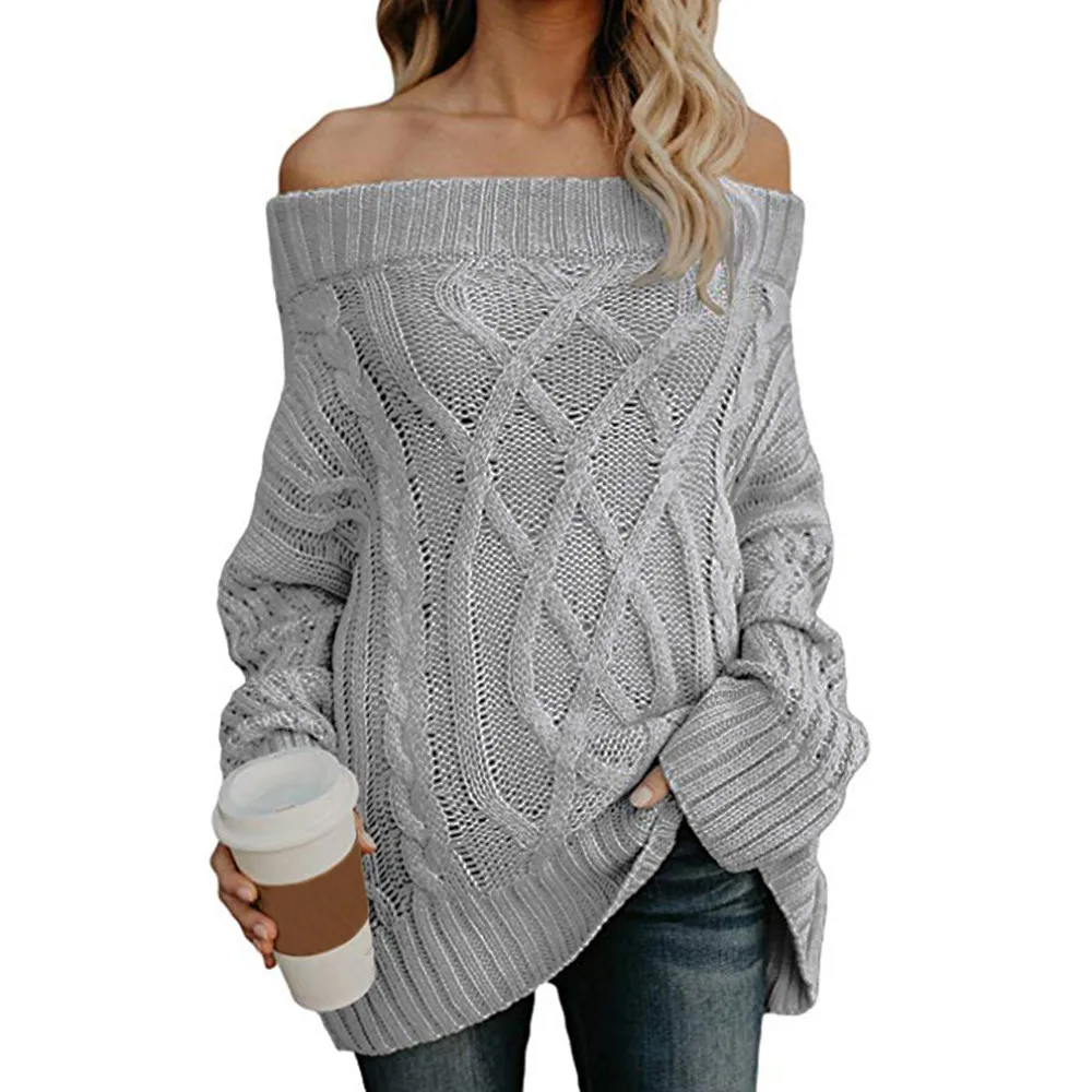 StylishBar Autumn Solid Long Sleeve Cable Knitting Slash Neck Loose Sweater Women's Sexy Off The Shoulder Baggy Pullover | Женская