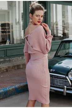 

Sexy v-neck women knitted skirt suits Autumn winter batwing sleeve 2 pieces Elegant party female sweater pink dress