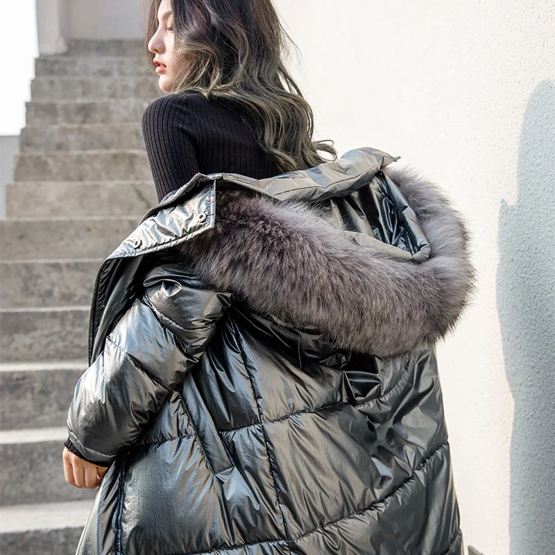 

2019 New Style Ozhouzhan Bright Surface Cotton-padded Clothes Women's Long over-the-Knee Large Fur Collar Cotton Coat Loose-Fit