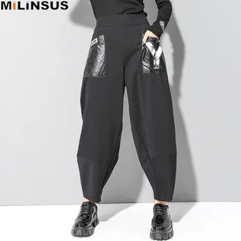 

New Gothic Black Trousers Women Harem Pants Casual Streetwear Patchwork Fashion Pockets Female Pencil Pants Autumn Winter 2019