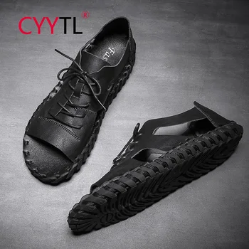 

CYYTL 2020 Summer Leather Lace-up Sandals Men Soft Slides Sewing Man-made Shoes Beach Casual Slippers Outdoor Fishman Loafers