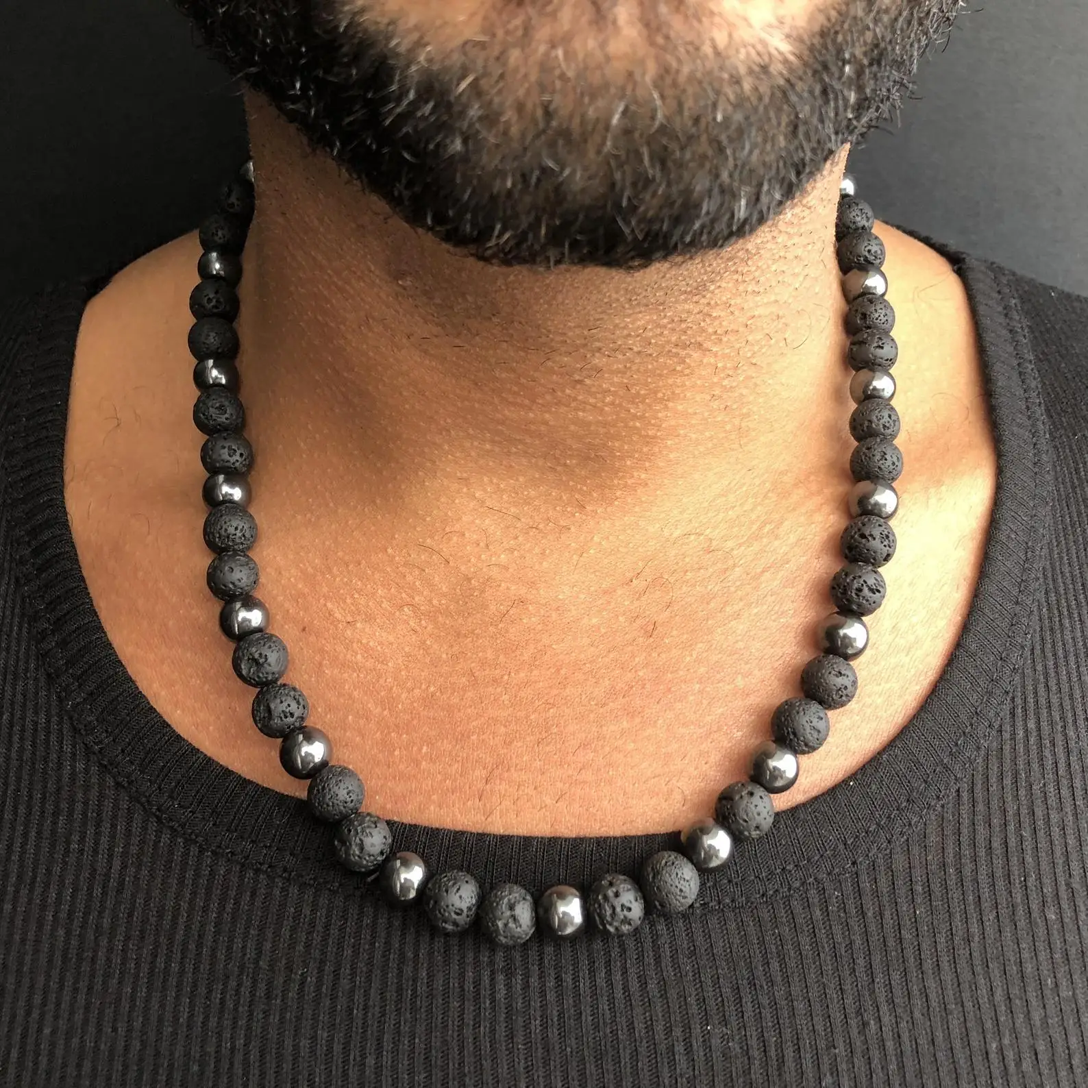 Hematite Necklace Mens Beaded Necklace for Him Black Lava Stone Necklace Jewelry Gift For Boyfriend Black Necklace