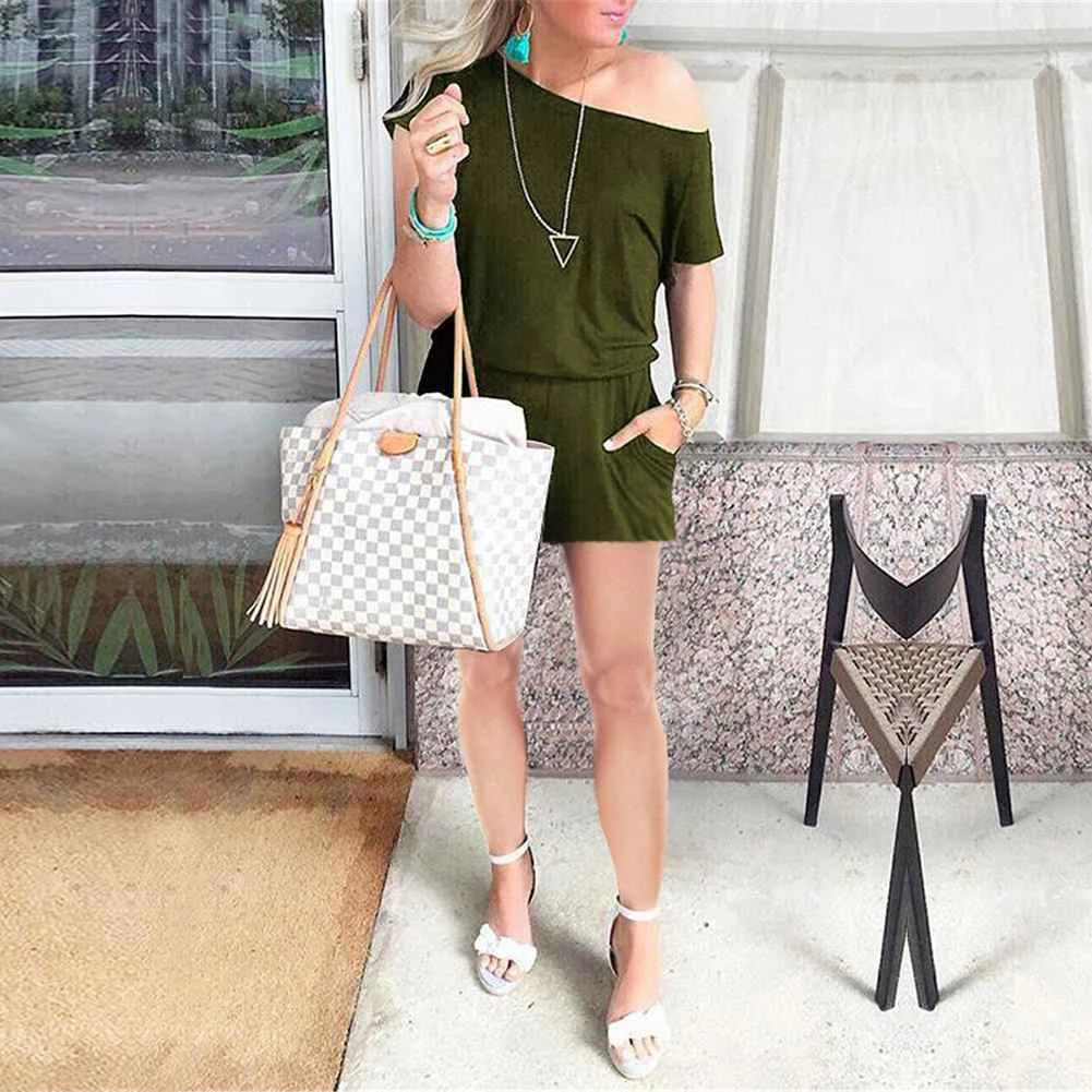 Women Casual Short Sleeve Pocket Female Strapless Shoulder Jumpsuit