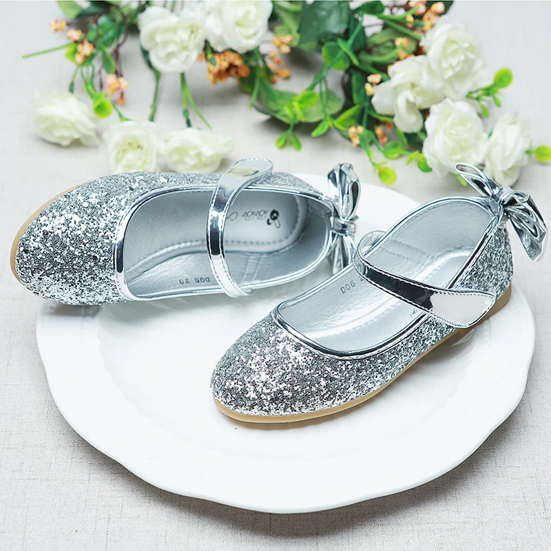 Little Girl Shoes Fashion Sequins Bow Flat Sneakers Spring New Girls Princess Soft Bottom Kids Leather Shoes size 25-35 STX002