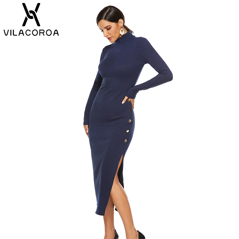 Women's Large Size Long Dress Turtleneck Long Sleeve High Waist Split Fork Asymmetric Dress OL Commuter Ladies Dress Vestito