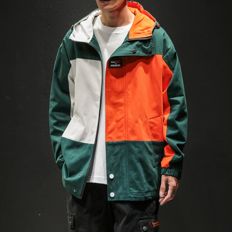 

2020 Spring New Large Size Hooded Jacket Loose Contrast Color Stitching Jacket Men Japanese Streetwear Mens Jackets and Coats