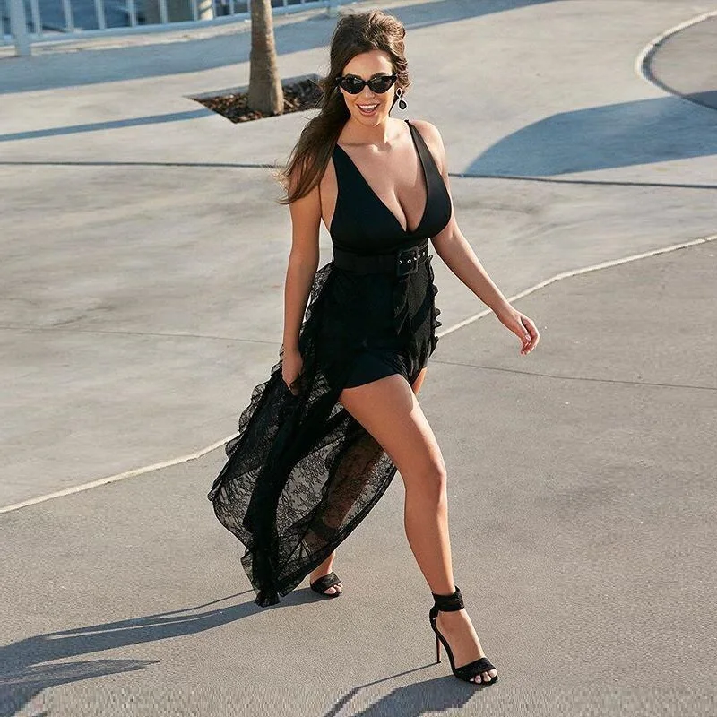 Черное Vestidos модное кружевное Бандажное сексуальное платье с v-образным вырезом и высоким разрезом без рукавов женское платье с открытой спиной шикарное платье с поясом длинные платья