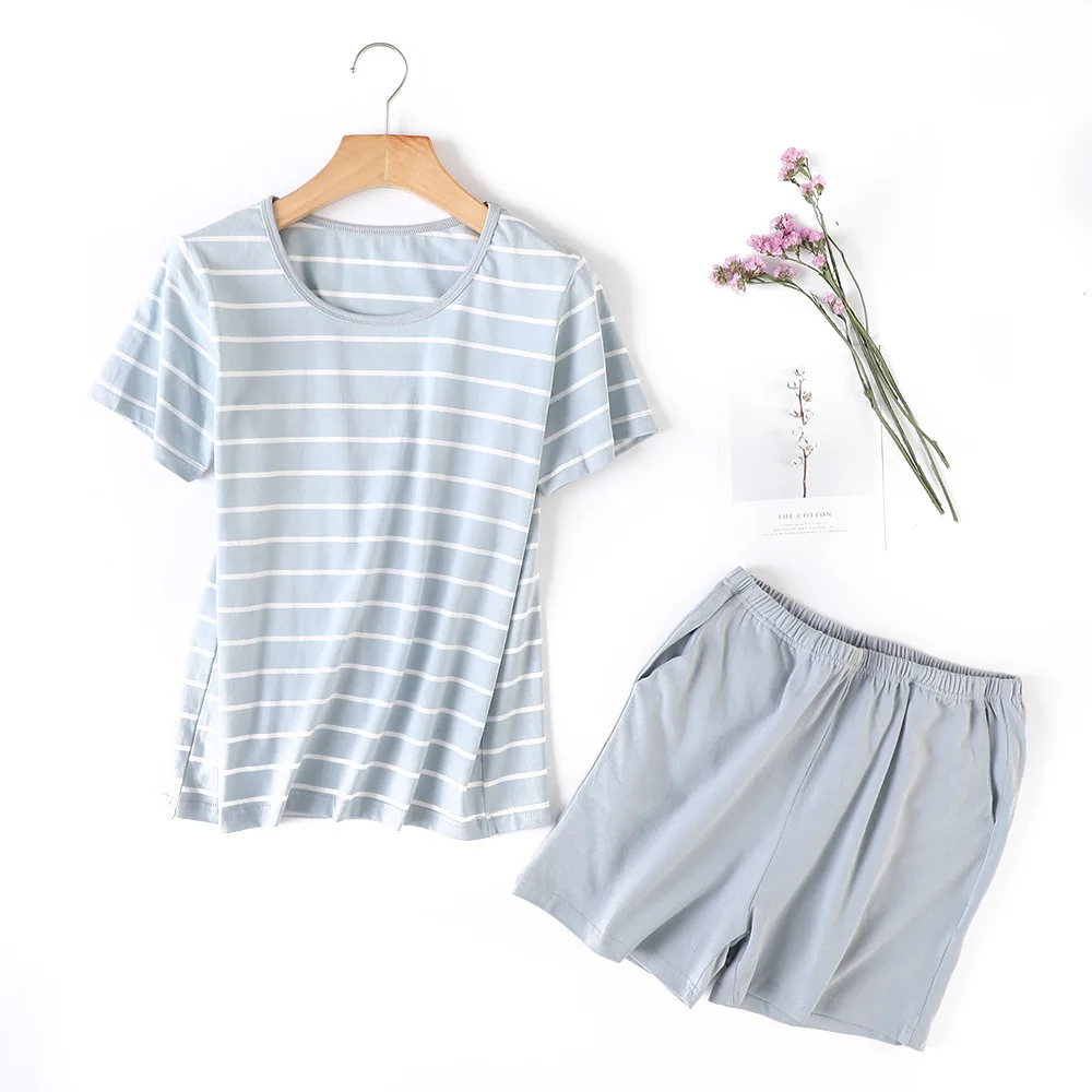 Sommer Kurze Pyjamas Frauen Baumwolle Kurzen Ärmeln Damen Pyjama Sets Shorts Rosa/Grau Grün Gestreiften Nachtwäsche Frauen Homewear – Detail 2
