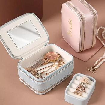 

Personalized Portable Jewelry Case Travel organizer box Earring Ring Necklace Organizer Lipstick Multi-function Case With Mirror