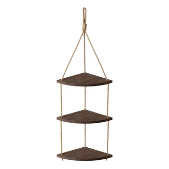 

11 inch Hanging Corner Shelf Jute Rope Wood Wall Corner Floating Organizer Shelf Display Rack for Kitchen Bathroom Bedroom