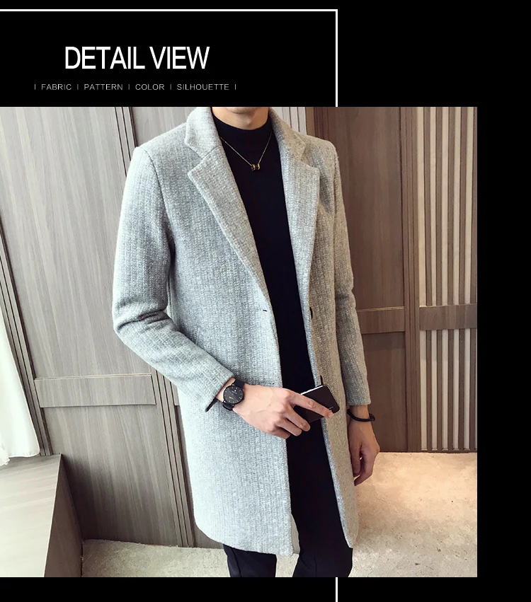 Зимнее мужское длинное шерстяное пальто, мужское модное приталенное шерстяное пальто с воротником, мужское однобортное повседневное длинное пальто