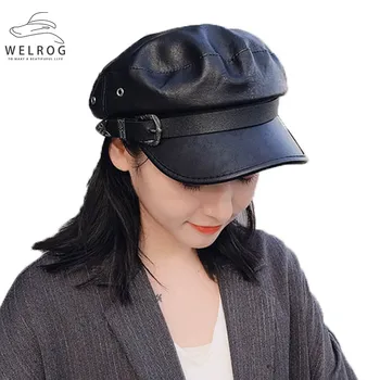

WELROG New Faux Leather Military Caps Autumn Winter Belt Buckle PU Flat Top Visor Hats Solid Cool Women Vintage Black Army Cap