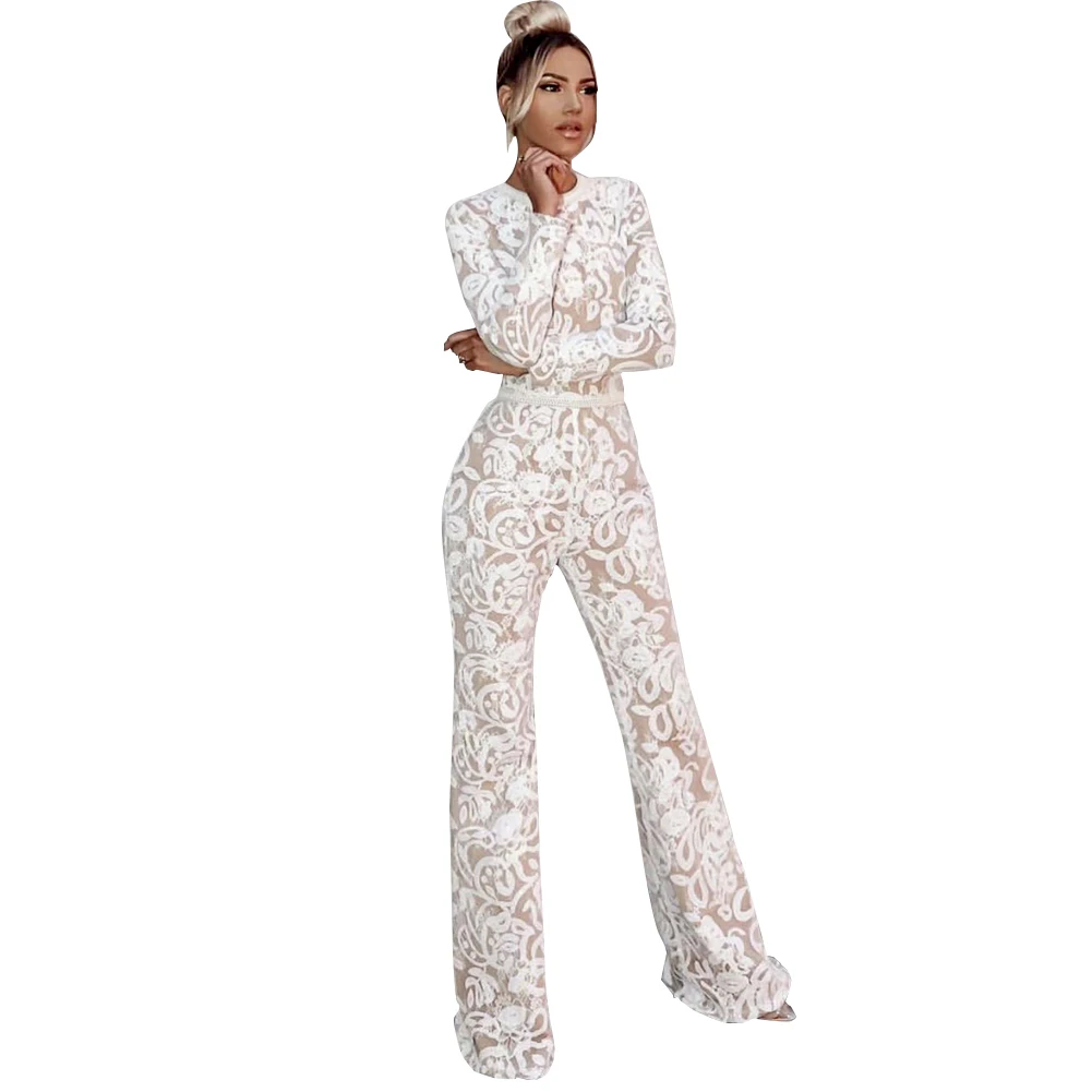 

2019 Autumn Fashion Ladies Jumpsuit White Lace Women's Bandage Daily Workwear Elegant Sexy Party Long Sleeve Loose Jumpsuit