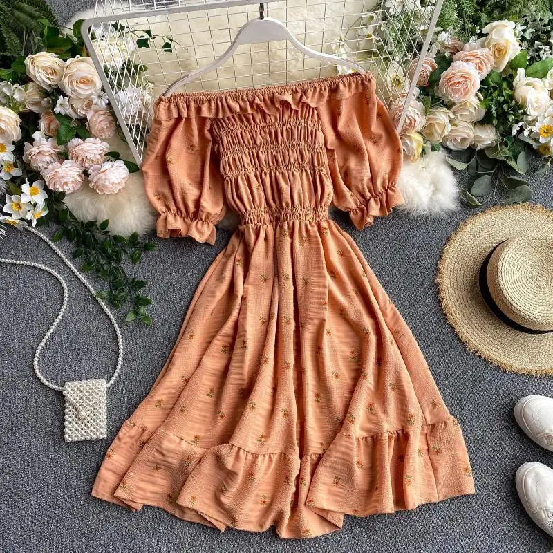 SINGRAIN Women Ruched Ruffle Dress Korean Puff Sleeve Slash Neck A Line Dress Summer Vacation Casual Print Floral Dress 2020
