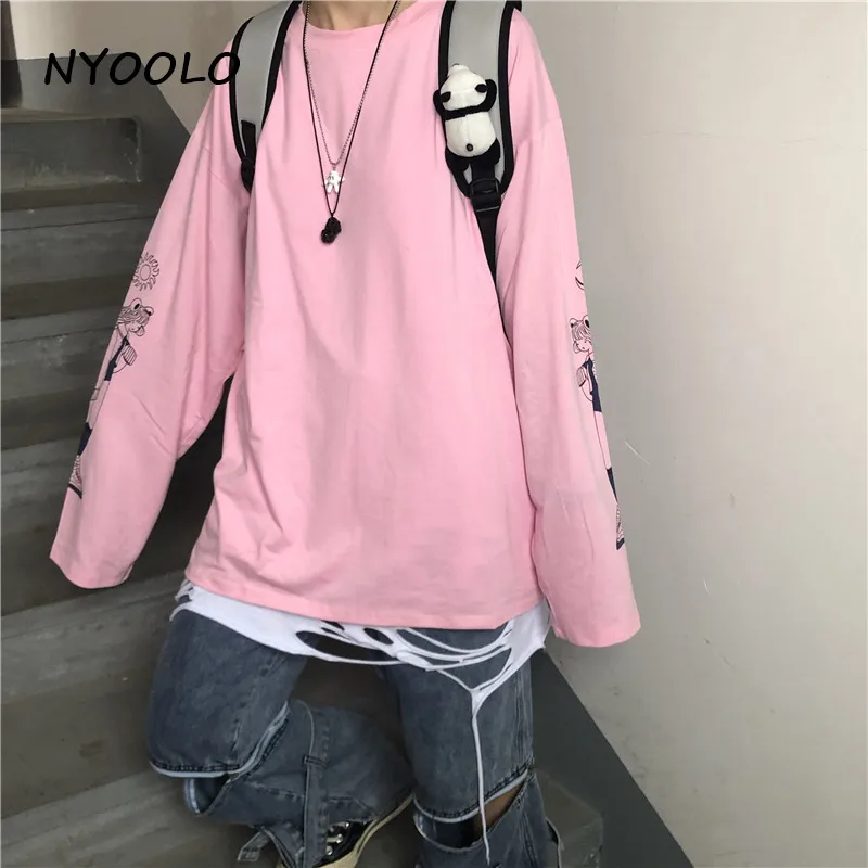 NYOOLO Harajuku стиль мультфильм девушка Солнце Луна рукав печати розовый Топы осень уличная одежда с длинным рукавом o-образным вырезом Футболка женская ткань