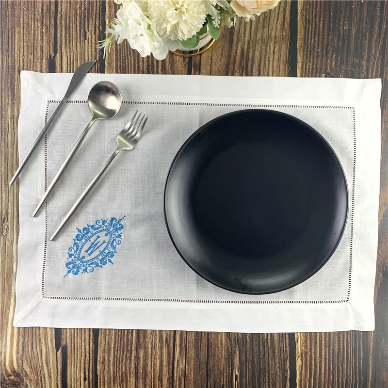 12 PCS Monogrammed Table Cloth 14 x20 white Linen Placemats Hemstitch embroidery Initial W for elegant