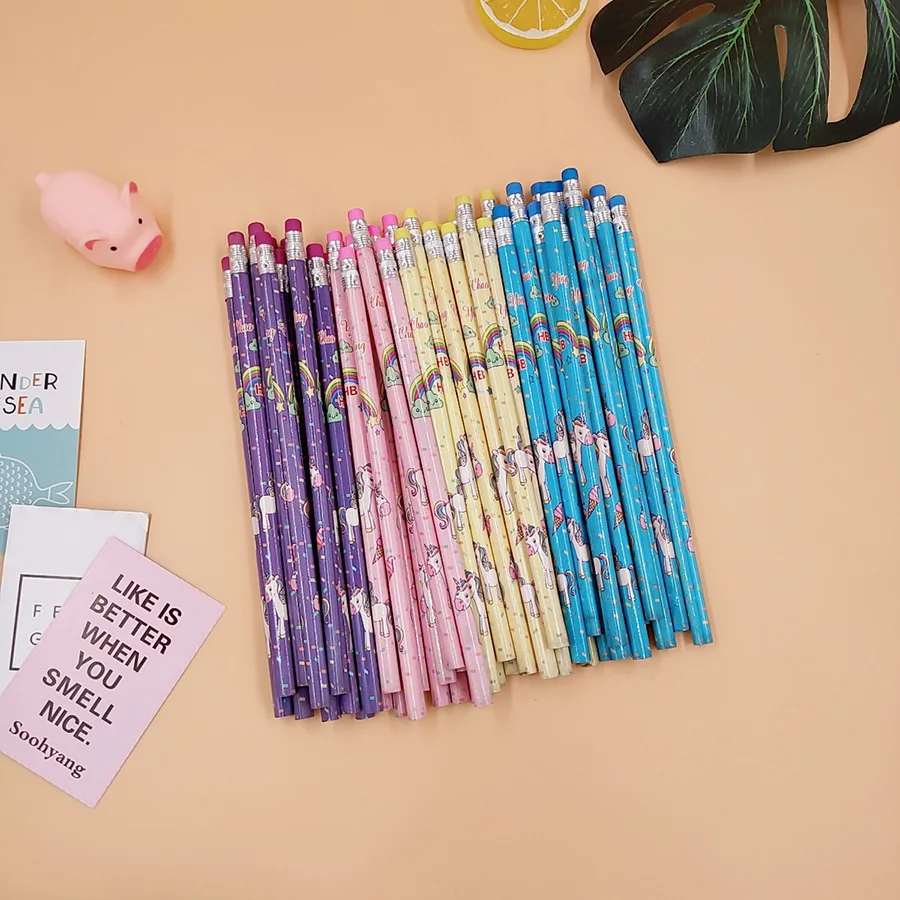 12Pcs Kawaii Unicorn Wooden Student Pencil Cute Candy Color HB Pencils For Kids Gift School Supplies Pencil Novel Stationery