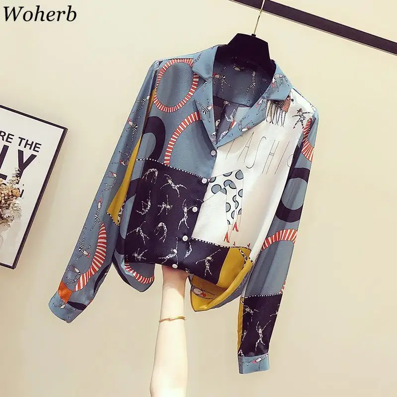 Woherb осень Новое поступление Блузка контрастный цвет узор рубашки винтажные свободные топы с длинным рукавом Женская корейская мода Blusas Mujer