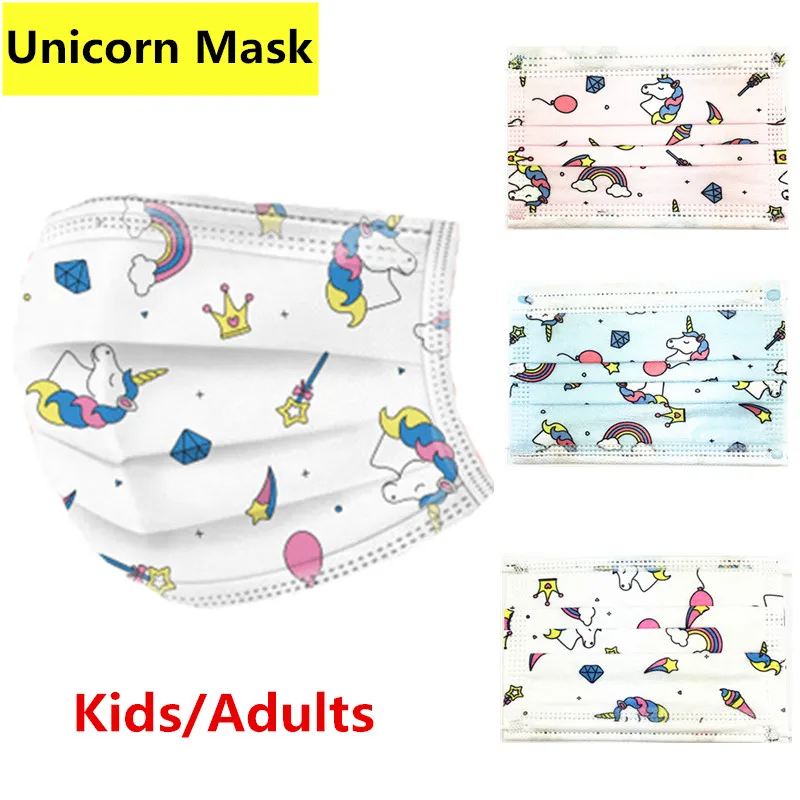 Adulto crianças máscara disposable dos desenhos animados unicórnio impressão rosto máscaras boca capa anti poeira para mulher menina 3 camada respirador navio rápido