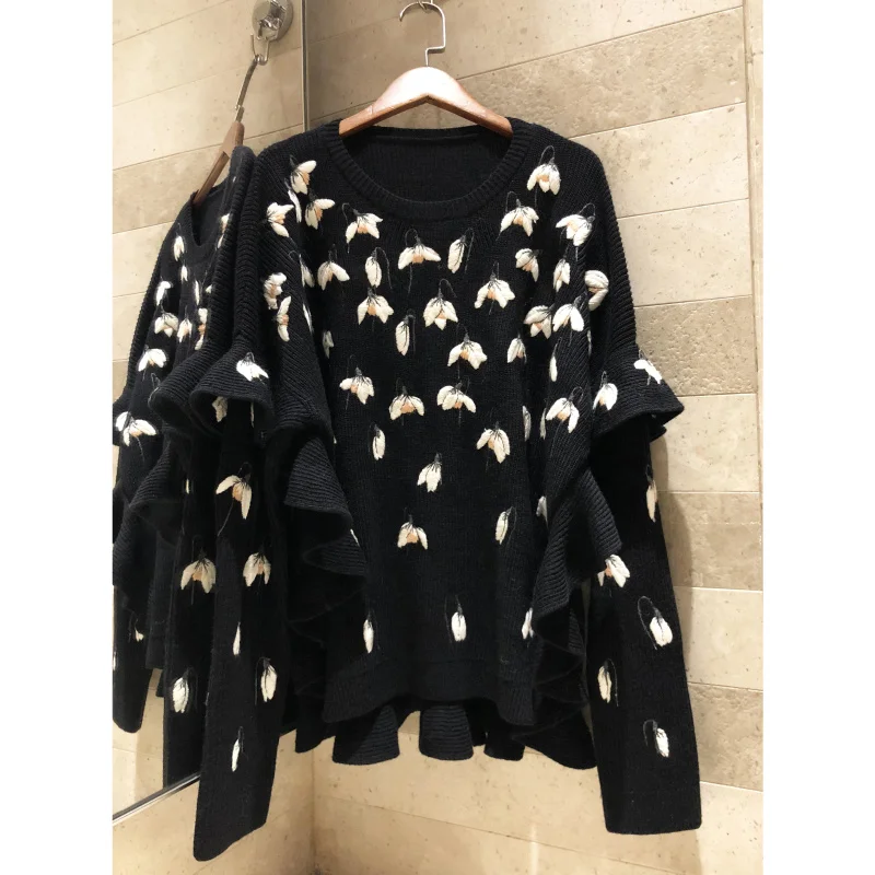 

Exquisite Magnolia Embroidered Wood Ears Bat Sleeve Loose Sweater Women's Quality winter Wool Irregular Long Sleeve Pullover top