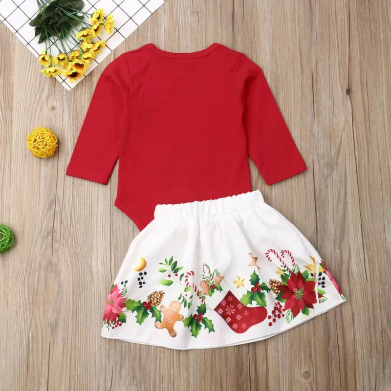 Christmas Newborn Baby Girl Clothes Sets Cartoon Print Romper+Bowknot Skirt 2pcs 0-24M Clothes