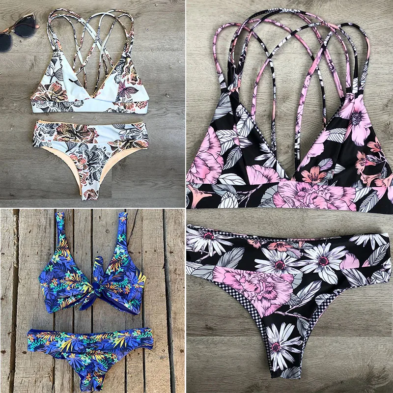 Sexy Floral Prints Bikinis Women Swimsuit Top Bow Design Bathing Suits Beach Wear Brazilian Bikini Set Biquini Female |