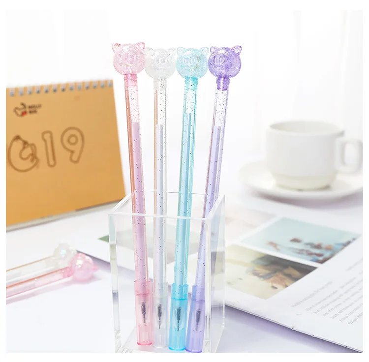 12Pcs/pack Novelty Fancy Rainbow Crystal Pig Gel Pens Animal Writing Painting Cute Kawaii Anime Pencil Case Bag Stationery Store