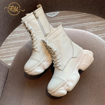 

RY-RELAA European platform boots women 2020 new autumn ankle boots for women fashion Genuine Leather high heel boots luxury tide
