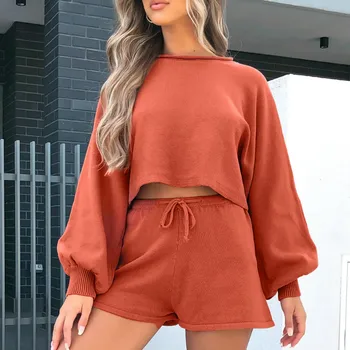 

Imcute Women Casual Solid Two pieces Autumn Outfits set Long sleeve Crop tops+Shorts High waist Slim Stretch Knitwear Clothing