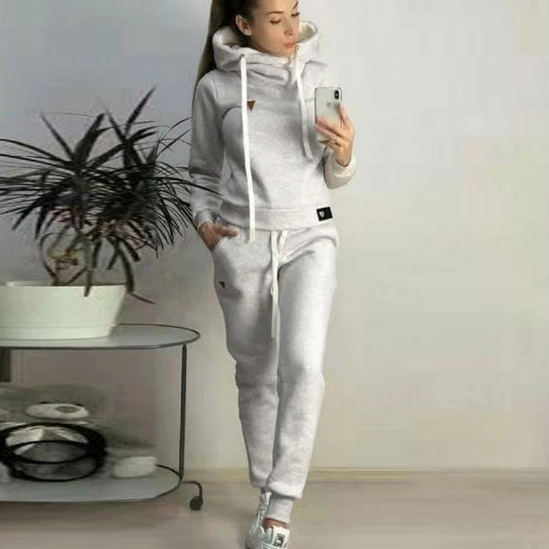 Light Gray VIEUNSTA Женский комплект 2 шт. толстовка с капюшоном Топы повседневные брюки с карманами осень зима теплый пуловер Спортивная одежда спортивный костюм 5XL - Цвет: Light Gray