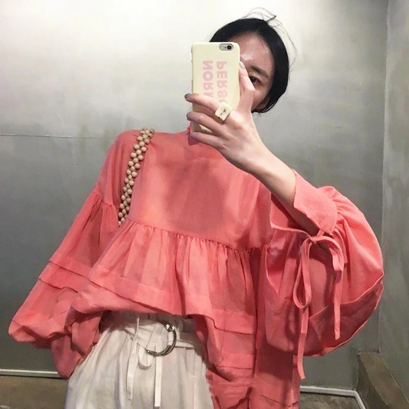 SHENGPALAE свободный, в Корейском стиле женская блуза со стоячим воротником с расклешенными рукавами Осенняя свободная большая женская Повседневная рубашка Tide FT606