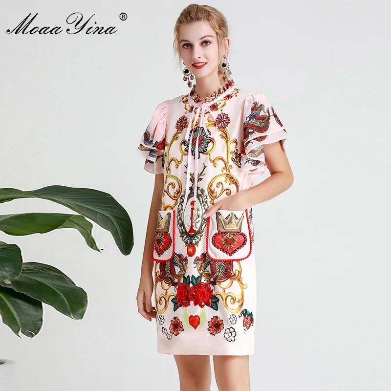 

MoaaYina Fashion Designer Runway dress Spring Summer Women Dress Short sleeve Vintage Print Beading Sequin Applique Dresses