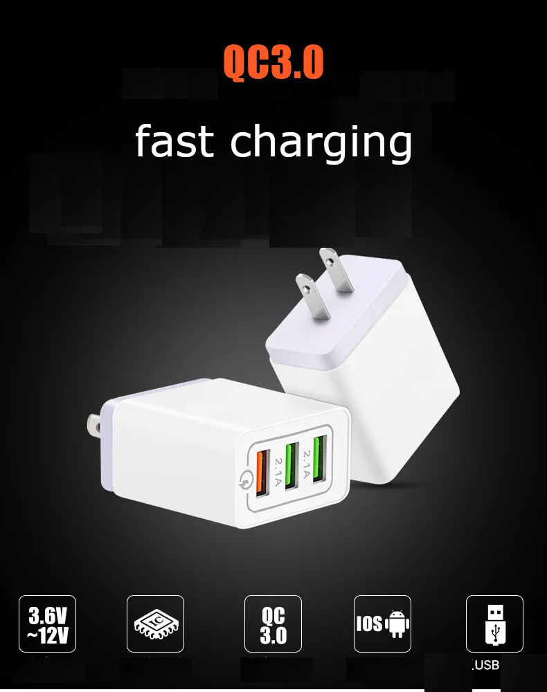 EU/US Plug 3 USB адаптер для быстрой зарядки мобильных телефонов 3,0 Быстрая зарядка QC3.0 Зарядка для Iphone для huawei для Xiaomi для Samsug